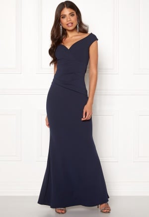 Goddiva Bardot Pleat Maxi Dress Royal Blue M (UK12)