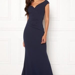 Goddiva Bardot Pleat Maxi Dress Royal Blue S (UK10)