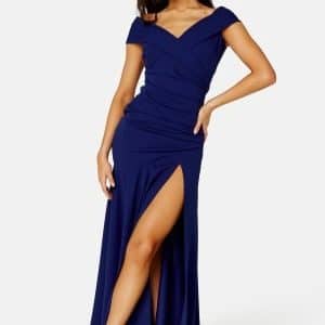 Goddiva Bardot Pleat Maxi Split Dress Royal Blue XXL (UK18)