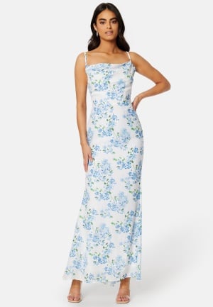 Goddiva Floral Chiffon Cowl Neck Maxi Dress Blue M (UK12)