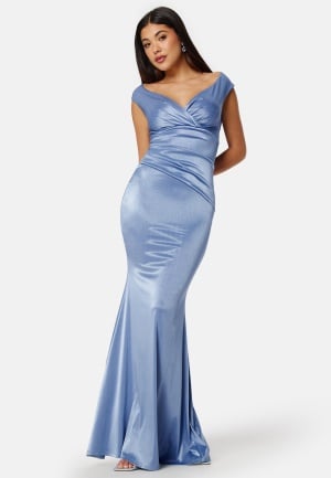 Goddiva Satin Bardot Pleat Maxi Dress Dusty Blue XL (UK16)