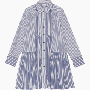 Stripe Cotton Wide Mini Shirt Dress - Gray Blue - GANNI - Blå L