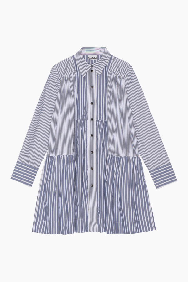 Stripe Cotton Wide Mini Shirt Dress - Gray Blue - GANNI - Blå L