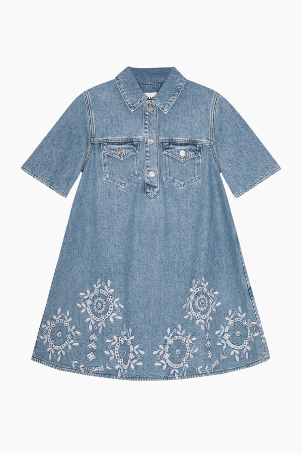 Broderie Anglaise Denim Mini Dress J1694 - Light Blue Stone - GANNI - Blå L