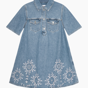 Broderie Anglaise Denim Mini Dress J1694 - Light Blue Stone - GANNI - Blå M