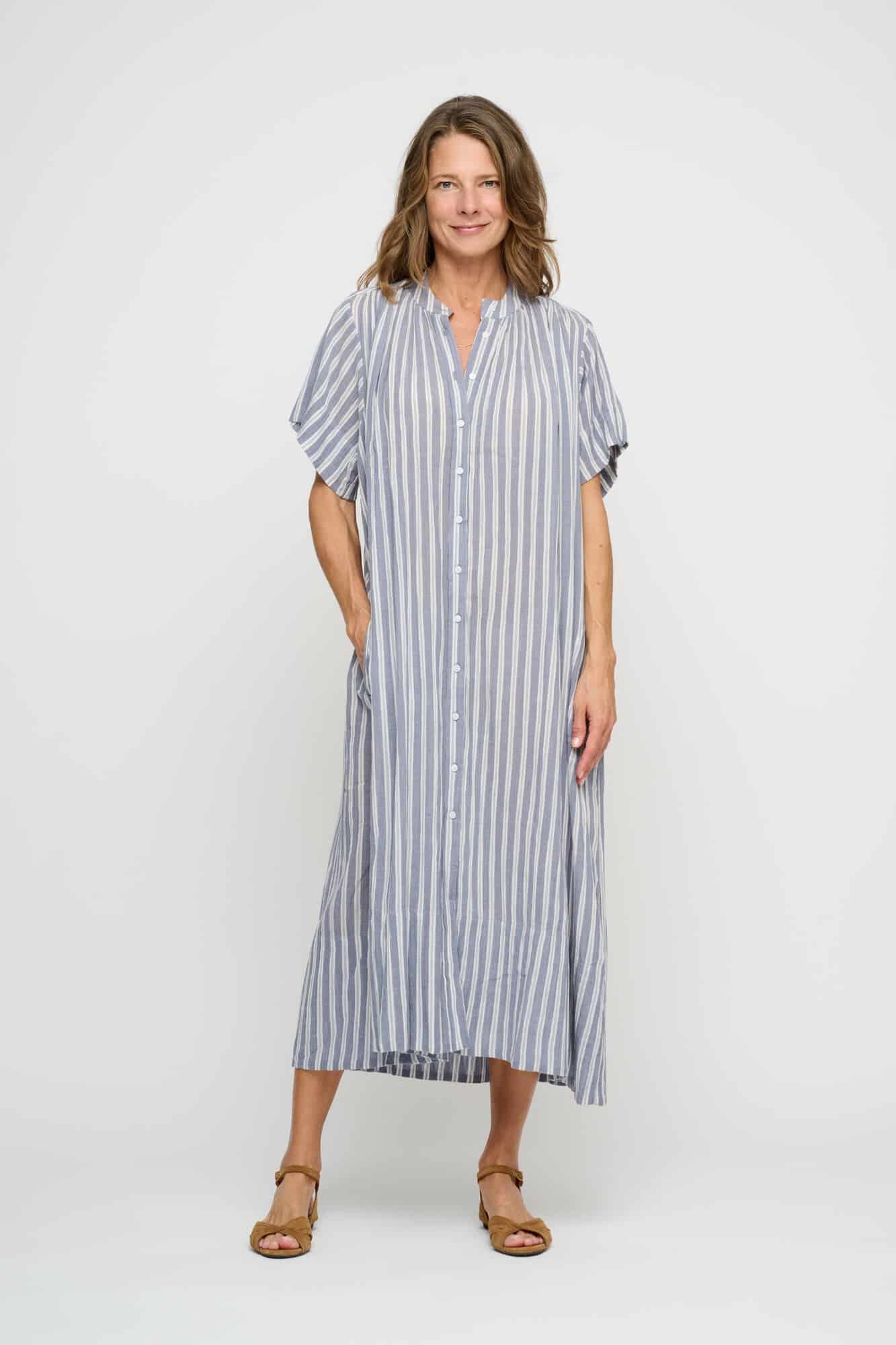 June stripe skjortekjole - Sea blue/ecru