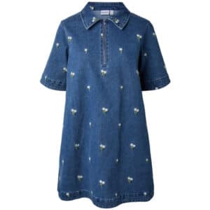 PIECES dame kjole PCFLORA - Medium Blue Denim WHITE FLOWER EMBROIDE