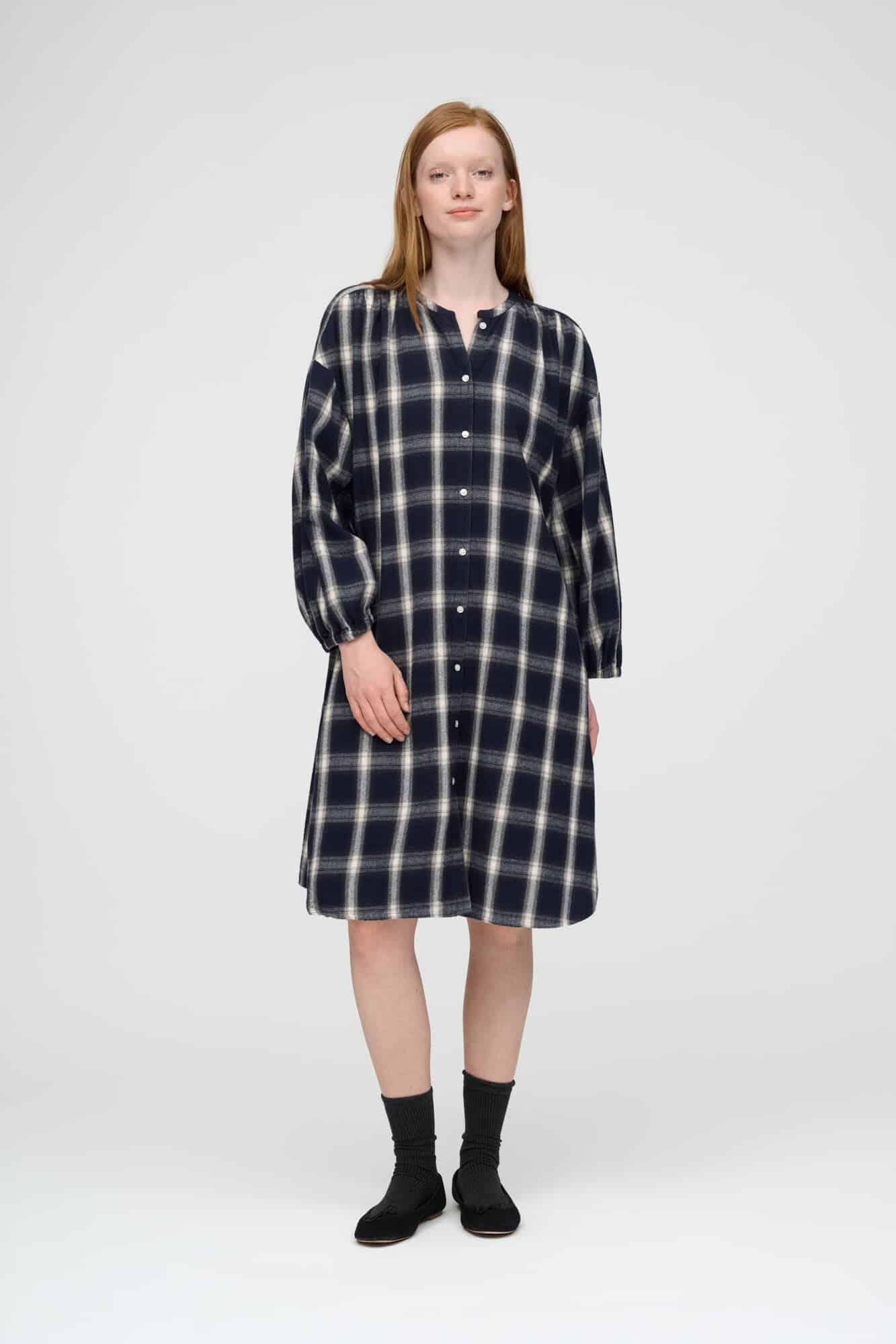Horizon Check skjortekjole - dark navy, grey, ecru